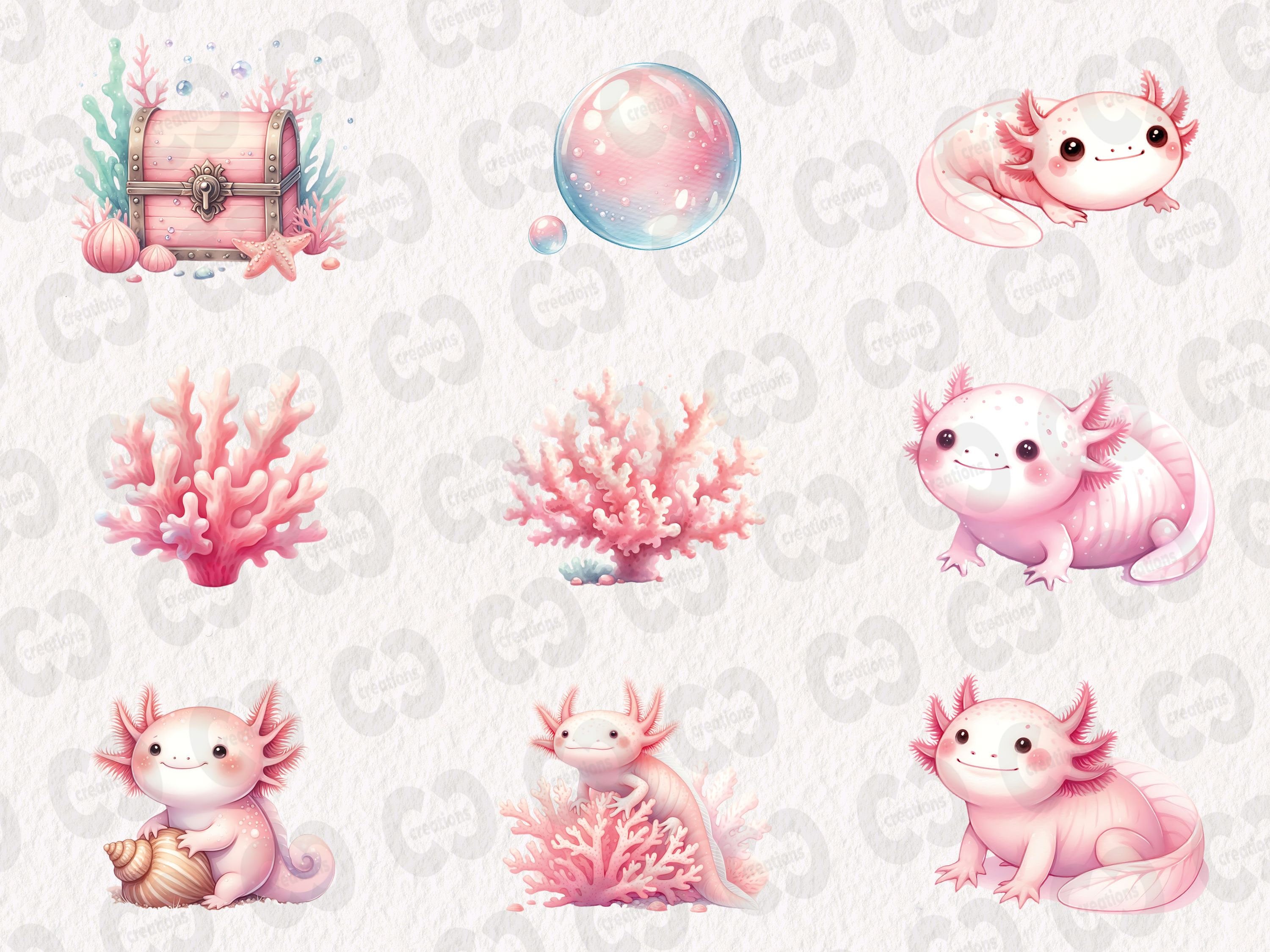 Cute Axolotl Clipart Bundle, Pink Watercolor Axolotl Clip Art, Kawaii ...
