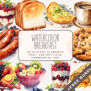 Watercolor Breakfast Clipart Bundle, Cute Food Graphics in PNG and SVG, Fruit illustrations for Junk Journal, Commercial Use