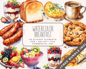 Watercolor Breakfast Clipart Bundle, Cute Food Graphics in PNG and SVG, Fruit illustrations for Junk Journal, Commercial Use