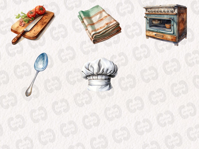 May include: A watercolor illustration of kitchen items, including a wooden cutting board with tomatoes and a knife, a green and white striped kitchen towel, a silver spoon, a white chef's hat, and a vintage-style stove with an oven.