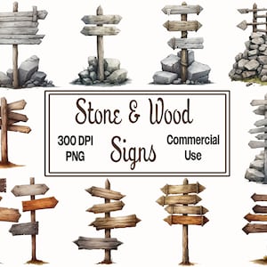 Clipart di segni di pietra dell'acquerello, 14 cartelli di legno clip art cartelli di pietra in formato PNG, uso commerciale con sfondo trasparente