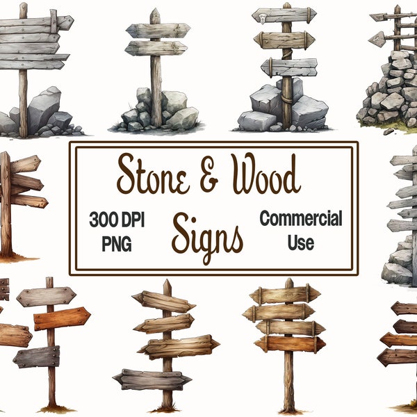 Watercolor Stone Signs Clipart, 14 Wooden Signs clip art stone sign posts in PNG format, transparent background commercial use
