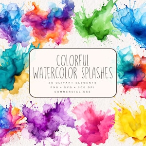 Colorida acuarela Splash Clipart, Color Splash PNG, Paint Splatter SVG, Alcohol Ink Clip Art para uso comercial, Descarga digital