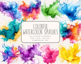 Colorful Watercolor Splash Clipart, Color Splash PNG, Paint Splatter SVG, Alcohol Ink Clip Art for Comercial Use, Digital Download