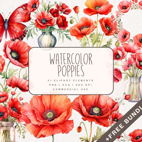 Watercolor Poppies Clipart Bundle, Red Poppy Flower Graphics in PNG and SVG, Digital floral illustrations for commercial use