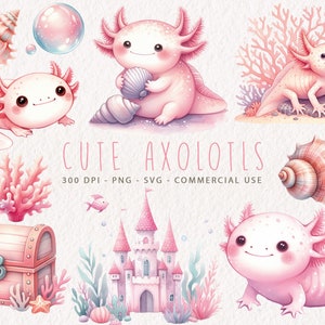 Lindo paquete de imágenes prediseñadas de Axolotl, Clip Art de Axolotl de acuarela rosa, Kawaii Axolotl PNG, Axolotl SVG, Diseño de sublimación de Axolotl, Animal submarino