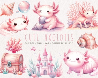 Cute Axolotl Clipart Bundle, Pink Watercolor Axolotl Clip Art, Kawaii Axolotl PNG, Axolotl SVG, Axolotl Sublimation Design, Undersea Animal