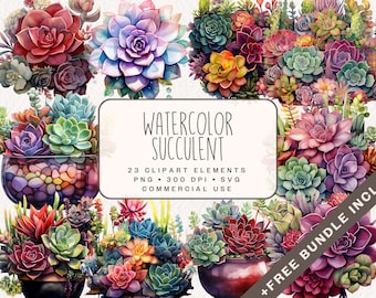 Könnte beinhalten: Eine Sammlung von 23 Aquarell-Sukkulente-Clipart-Elementen in verschiedenen Farben und Formen. Die Cliparts sind perfekt für die Erstellung digitaler Designs, Einladungen und anderer Projekte. Der Text "WATERCOLOR SUCCULENT" wird in der Mitte des Bildes angezeigt. Der Text "23 CLIPART ELEMENTS" wird unter dem Titel angezeigt. Der Text "PNG 300 DPI SVG" wird unter der Anzahl der Elemente angezeigt. Der Text "COMMERCIAL USE" wird unter den Dateitypen angezeigt. Der Text "+FREE BUNDLE INCL." wird in der unteren rechten Ecke des Bildes angezeigt.