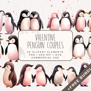 Paquete de imágenes prediseñadas de pareja de pingüinos de San Valentín, lindos gráficos del día de San Valentín en PNG y SVG, ilustraciones románticas para uso comercial
