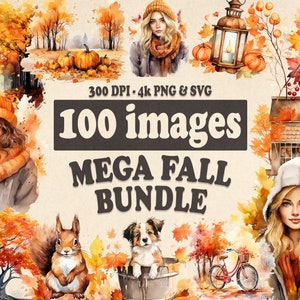 Pacote de clipart de outono em aquarela, 100 ilustrações de outono em formato PNG e SVG, Folhas de outono Mulher de outono, Pacote de clipart de outono, Folha de outono