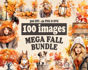 Watercolor Autumn Clipart Bundle, 100 Autumn illustrations PNG and SVG Format, Autumn Leaves Fall Woman, Fall clip art bundle, Fall Leaf