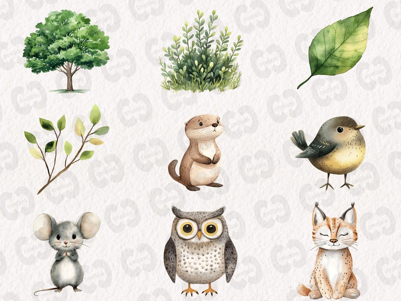 May include: A digital illustration of a set of woodland animals, including a brown otter, a gray owl, a gray mouse, a brown and white lynx, a blue and yellow bird, and various green leaves and branches.