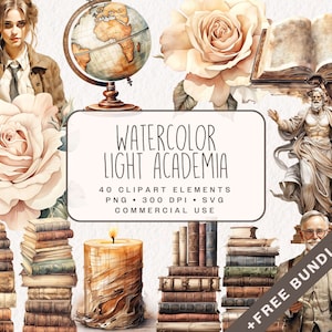 Pacote de clipart aquarela Light Academia, gráficos vintage em PNG e SVG, ilustrações de flores, clipart de livros para uso comercial