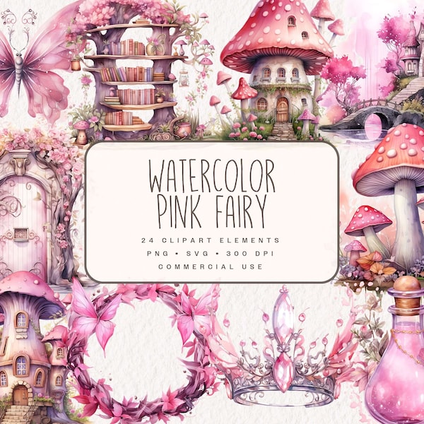 Watercolor Pink Fairy Clipart, Cute Fantasy Graphics, Floral Fairy Illustrations in PNG and SVG, mushrooms, rose flowers for commercial use