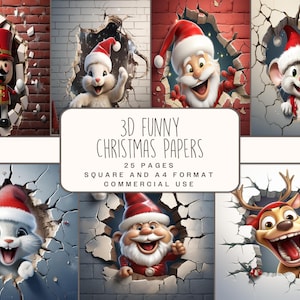 3D grappig digitaal kerstpapier, afbeeldingen van schattige dieren en personages in JPG, afdrukbaar plakboek of ongewenst dagboekpapier voor commercieel gebruik