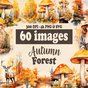 Clipart de floresta de outono em aquarela, 60 gráficos de outono PNG e SVG, ilustração de cogumelo mulher com folhas de árvore de outono, clipart para uso comercial