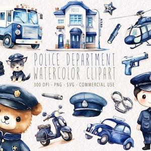 Pacchetto di clipart della polizia carina dell'acquerello, stazione di polizia con ufficiale, veicoli della polizia, forniture per feste PNG della polizia, festa di compleanno della scuola materna SVG