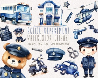 May include: Watercolor clipart set featuring a police department theme. Includes a police car, police officer, police dog, police station, helicopter, and other accessories. 300 DPI - PNG - SVG - Commercial Use.