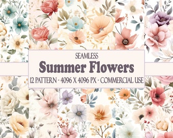 Pastel Floral Digital Paper, seamless backgrounds with water color flower bouquets and botanical instant download for commercial use