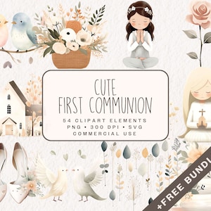 Lot de cliparts mignon première communion, aquarelle pastel église graphiques PNG & SVG, illustrations de colombe et de bougie pour un usage Commercial