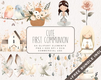 Cute Frist Communion Clipart Bundle, Pastel Watercolor Church Graphics PNG & SVG, Dove and Candle Illustrations for Commercial use