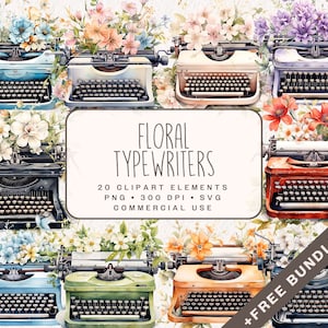 May include: A set of 20 watercolor clipart illustrations of vintage typewriters with floral arrangements. The typewriters are in various colors, including blue, green, red, and black. The flowers are in shades of pink, white, and purple. The text "FLORAL TYPEWRITERS" is displayed in the center of the image.