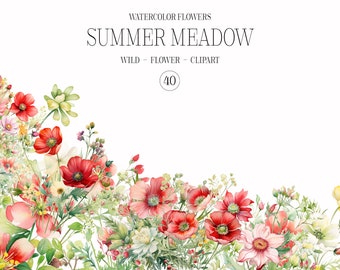 Wild Floral Summer Clipart Set, Wild Flowers, Watercolor Wild Flowers, Floral Clipart, Premade Clipart, Wedding Clipart, Watercolor Clipart