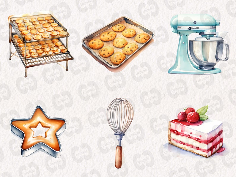 K&ouml;nnte beinhalten: Eine Aquarell-Illustration von Backzubeh&ouml;r, darunter eine K&uuml;chenmaschine, Ausstecher, ein Schneebesen, ein Backblech mit Keksen und ein K&uuml;hlrost mit Keksen. Au&szlig;erdem ist ein St&uuml;ck Kuchen mit Erdbeeren und Schlagsahne zu sehen.