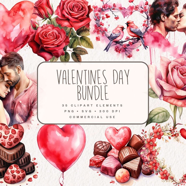 Watercolor Valentines Day Clipart Bundle, Romantic Love Graphics for gifts, Digital Valentine Illustrations for Commercial Use