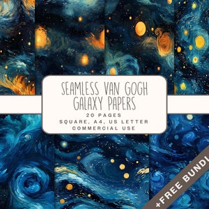 Naadloos Galaxy digitaal papier, Van Gogh Galaxy-illustraties in JPG, luchtpatroon, aquarel nachtafbeeldingen voor commercieel gebruik