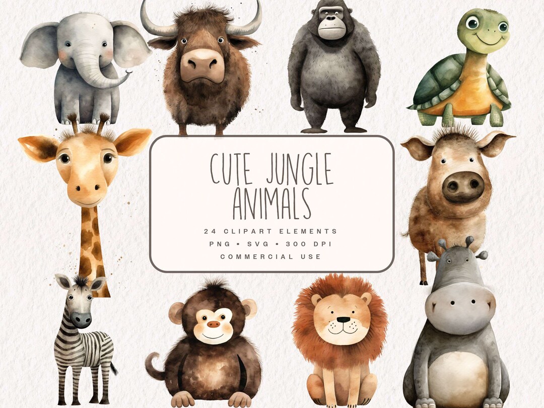 Cute Jungle Animals Clipart, Happy Jungle Graphics in PNG and SVG ...