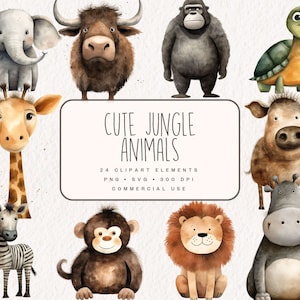 Niedliche Dschungel Tiere Clipart, glückliche Dschungel Grafiken in PNG und SVG, digitale Aquarell Safari Tier Illustration für kommerzielle Nutzung