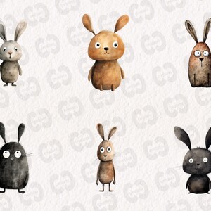 May include: Six watercolour illustrations of cartoon bunnies with different coloured fur. The bunnies are all standing on a white background.