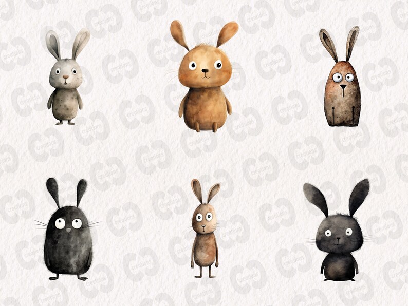 May include: Six watercolour illustrations of cartoon bunnies with different coloured fur. The bunnies are all standing on a white background.