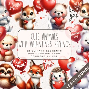 Imágenes prediseñadas de animales lindos de San Valentín, animales bebés con globos de corazón, refranes del día de San Valentín para hacer tarjetas en PNG y SVG