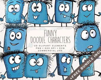 Funny Doodle Characters Clipart, Blue figures with various  facial expressions in PNG and SVG, Comic Graphics for commercial use