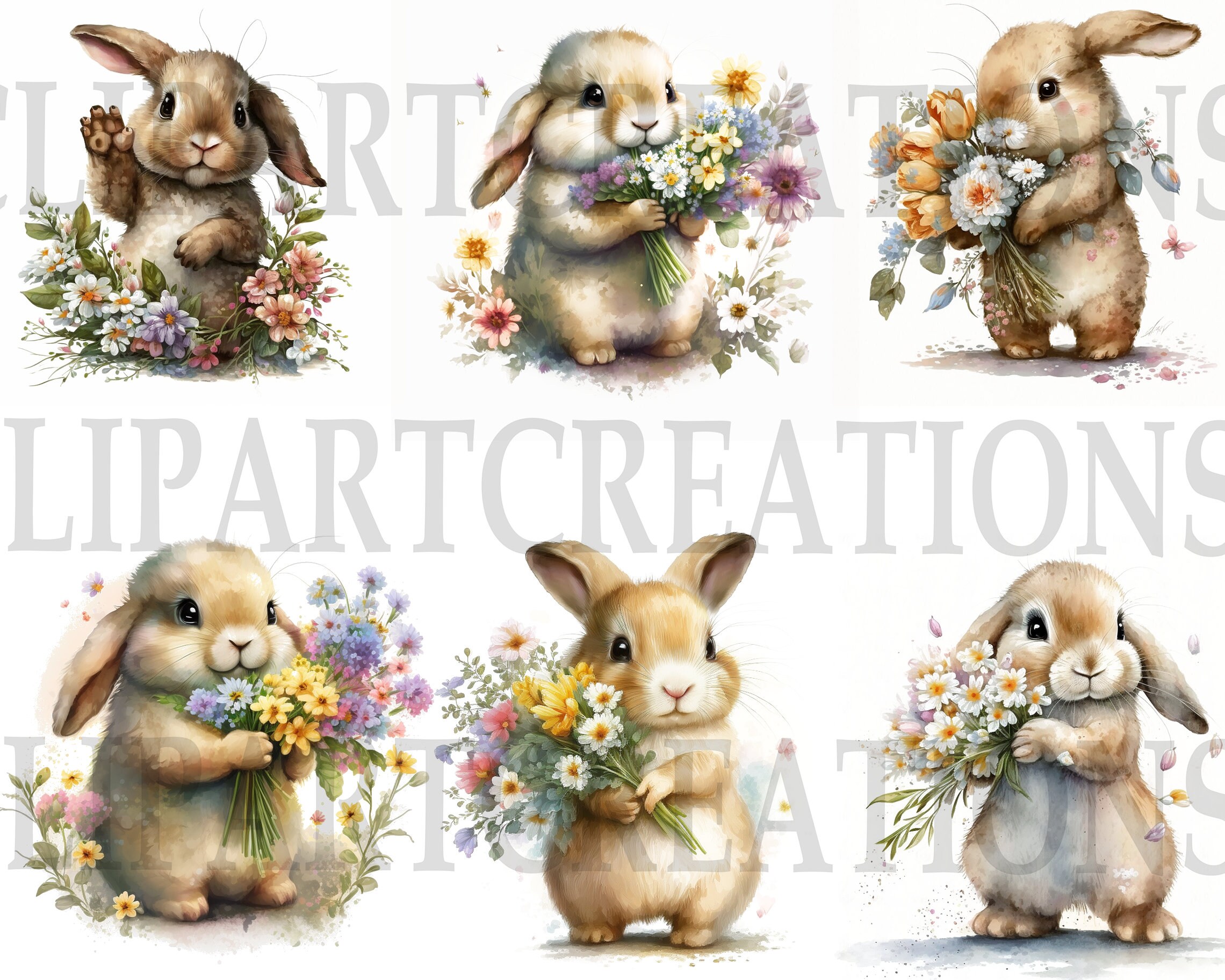 Floral Watercolor Bunny Clipart, Cute Floral Flower Clip Art, Premade ...