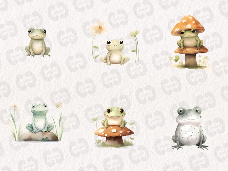 Watercolor Cute Frogs Clipart, Happy Frog Graphics in PNG and SVG, Digital Nature Illustrations for commercial use image 6
