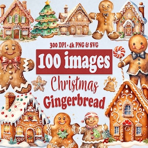 Pacchetto di clipart di pan di zenzero di Natale, 100 grafica clip art per bambini carini in acquerello in PNG e SVG, casa per le vacanze invernali per uso commerciale