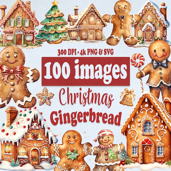 Christmas Gingerbread Clipart Bundle, 100 Watercolor cute kids clip art graphics in PNG and SVG, Winter Holiday House for Commercial use