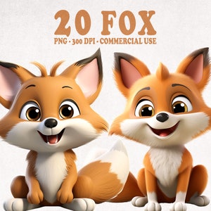 Bundle de clipart renard mignon, clip art lot de 20 fichiers PNG de haute qualité, heureux renard, renard PNG, téléchargement immédiat, usage Commercial