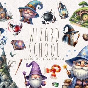 Aquarelle magicien école Clipart, sorcier SVG Academia Graphics, école de magie articles Clip Art Bundle PNG, usage commercial, téléchargement immédiat
