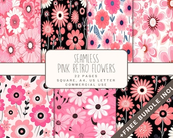Seamless Pink Retro Flower Digital Paper, Retro Floral Seamless Pattern, Printable Backgrounds for commercial use
