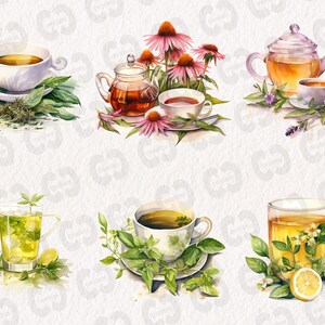 May include: Six different types of tea, each with its own unique blend of herbs and flowers. The teas are presented in a variety of cups and teapots, with some featuring fresh lemons and other garnishes.