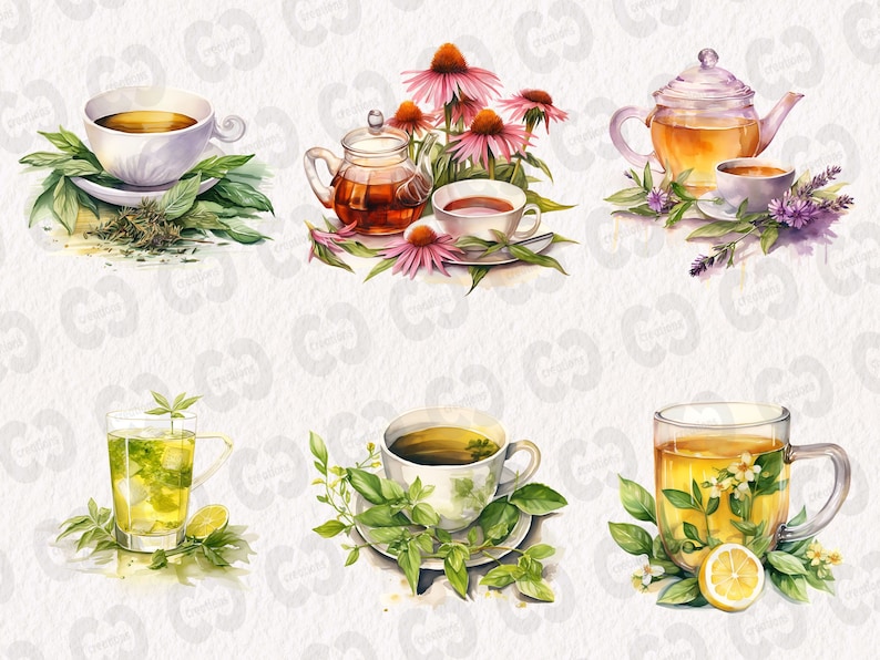 May include: Six different types of tea, each with its own unique blend of herbs and flowers. The teas are presented in a variety of cups and teapots, with some featuring fresh lemons and other garnishes.