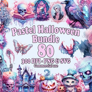 Pastell Halloween Clipart Bundle, 80 Aquarell Halloween Illustrationen, transparente PNG & SVG, Clip Art für kommerzielle Nutzung, Pastel Goth Thema