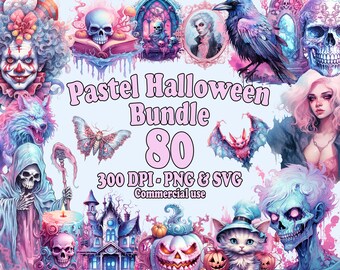 Pastel Halloween Clipart Bundle, 80 Watercolor Halloween Illustrations, Transparent PNG & SVG, commercial use clip art, Pastel Goth theme