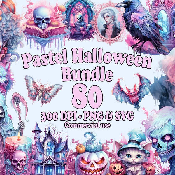 Pastel Halloween Clipart Bundle, 80 Watercolor Halloween Illustrations, Transparent PNG & SVG, commercial use clip art, Pastel Goth theme
