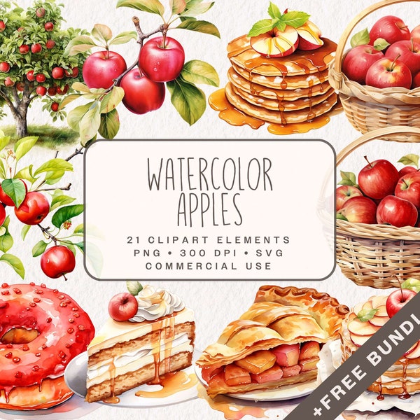 Watercolor Apples Clipart Bundle, Cute Food Graphics in PNG and SVG, Digital Apple illustrations for commercial use
