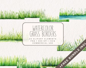 Watercolor Grass Borders Clipart, Botanical grass borders, tufts of grass graphics, grass illustrations in PNG and SVG for commercial use